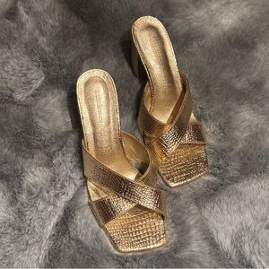 Vera Pelle Metallic Gold Crisscross Slide Heels